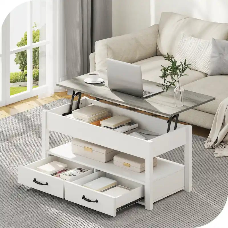 Table basse relevable en bois avec étagère de rangement et tiroirs
