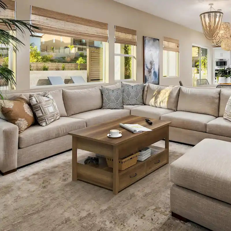 Table basse relevable en bois avec étagère de rangement et tiroirs