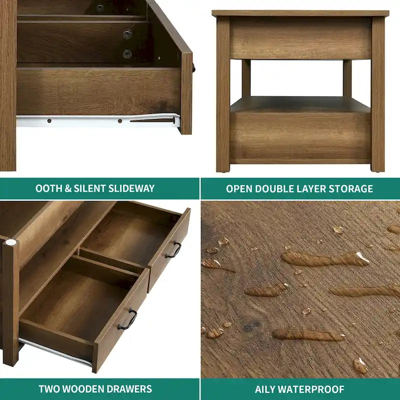 Table basse relevable en bois avec étagère de rangement et tiroirs