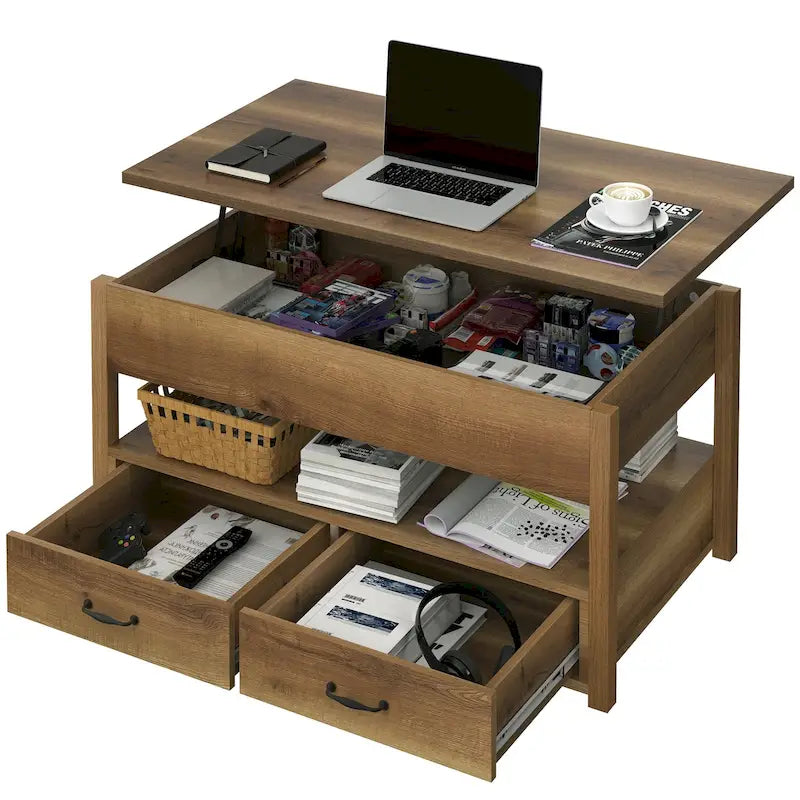 Table basse relevable en bois avec étagère de rangement et tiroirs