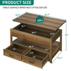 Table basse relevable en bois avec étagère de rangement et tiroirs