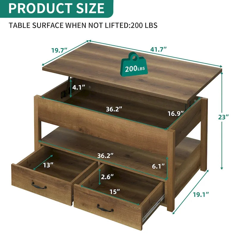 Table basse relevable en bois avec étagère de rangement et tiroirs