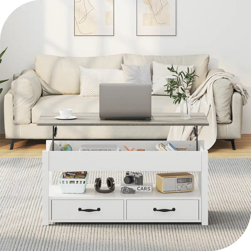 Table basse relevable en bois avec étagère de rangement et tiroirs