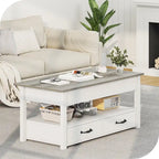 Table basse relevable en bois avec étagère de rangement et tiroirs