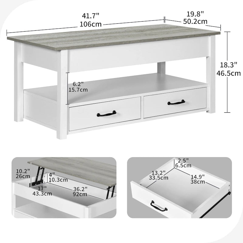 Table basse relevable en bois avec étagère de rangement et tiroirs