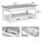 Table basse relevable en bois avec étagère de rangement et tiroirs