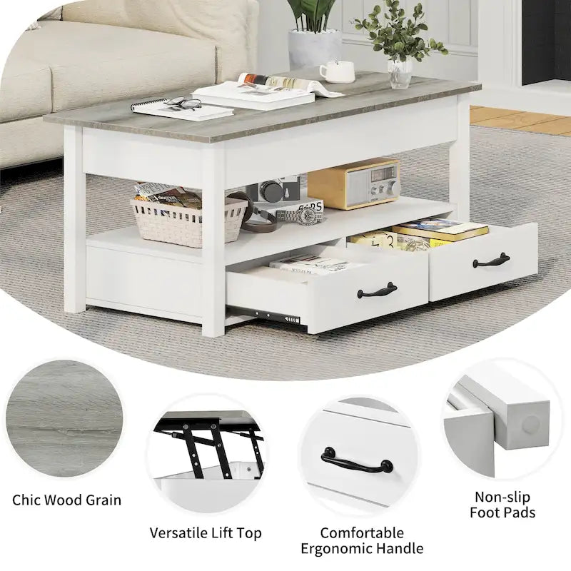 Table basse relevable en bois avec étagère de rangement et tiroirs