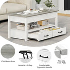 Table basse relevable en bois avec étagère de rangement et tiroirs