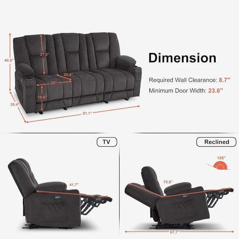 Canapé inclinable électrique avec massage et chaleur lombaire,