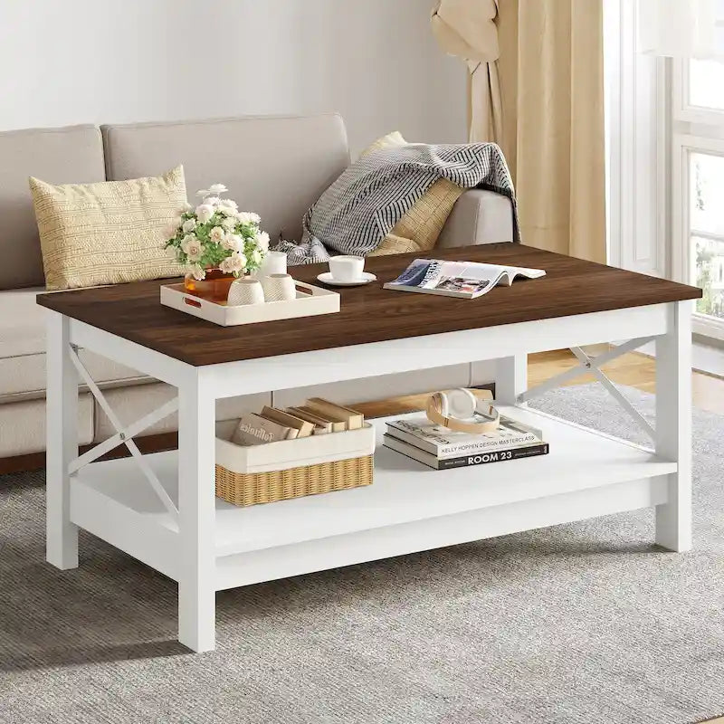 Table basse de ferme avec rangement, table d'appoint à 2 niveaux pour le salon