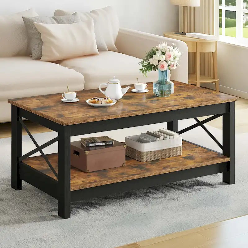 Table basse de ferme avec rangement, table d'appoint à 2 niveaux pour le salon