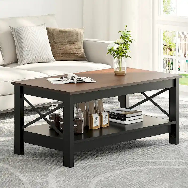 Table basse de ferme avec rangement, table d'appoint à 2 niveaux pour le salon
