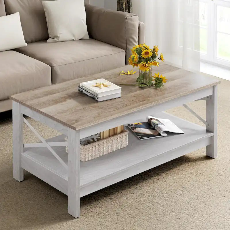 Table basse de ferme avec rangement, table d'appoint à 2 niveaux pour le salon