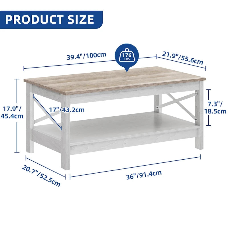 Table basse de ferme avec rangement, table d'appoint à 2 niveaux pour le salon