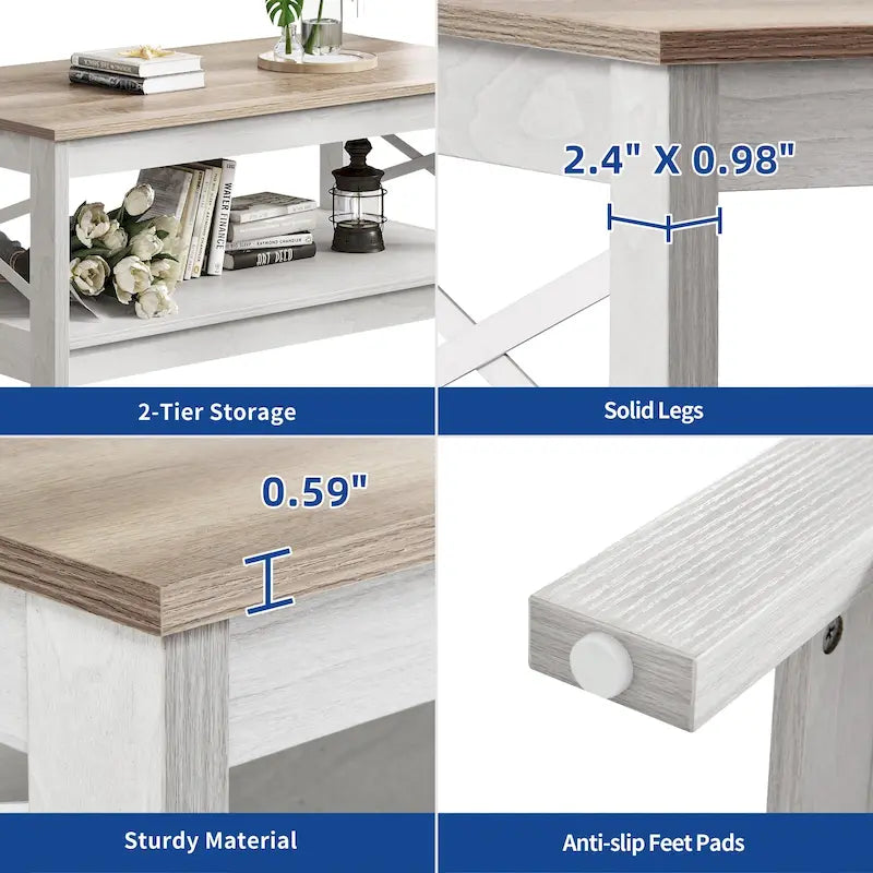 Table basse de ferme avec rangement, table d'appoint à 2 niveaux pour le salon