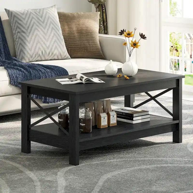 Table basse de ferme avec rangement, table d'appoint à 2 niveaux pour le salon