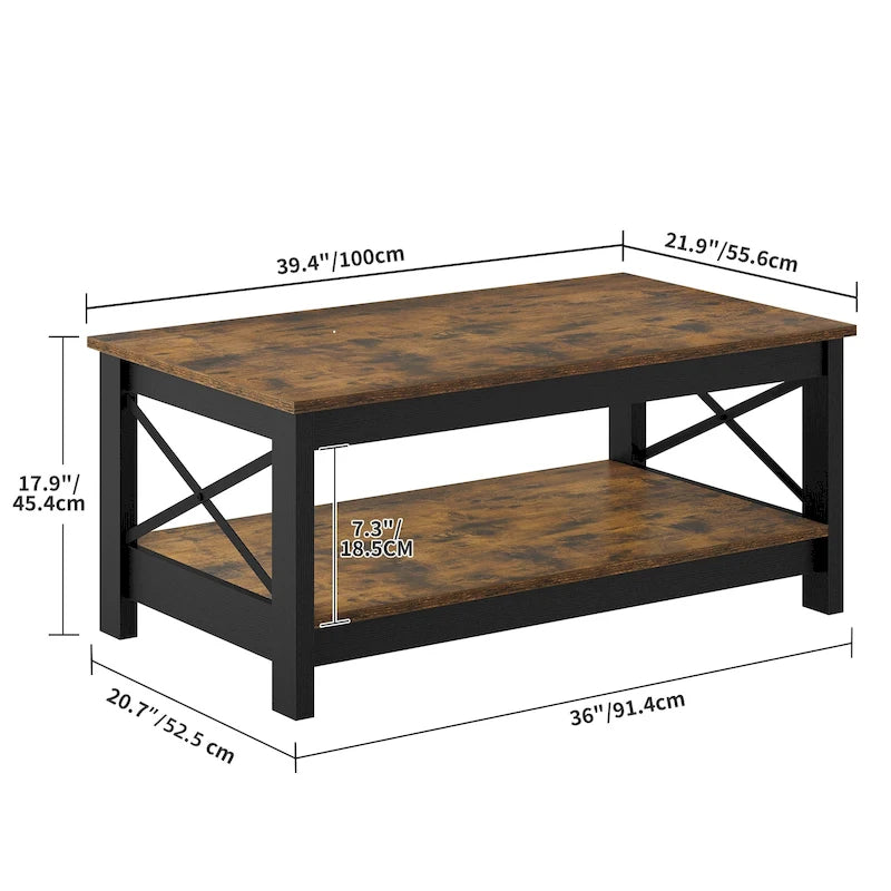 Table basse de ferme avec rangement, table d'appoint à 2 niveaux pour le salon