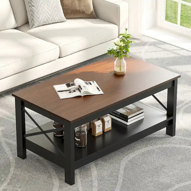 Table basse de ferme avec rangement, table d'appoint à 2 niveaux pour le salon