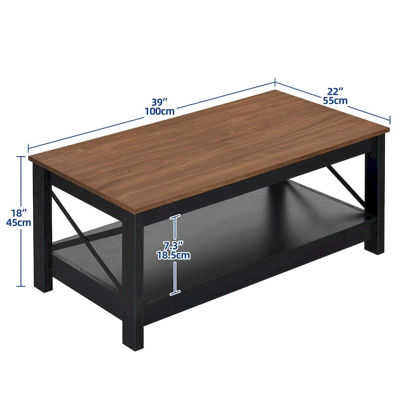 Table basse de ferme avec rangement, table d'appoint à 2 niveaux pour le salon