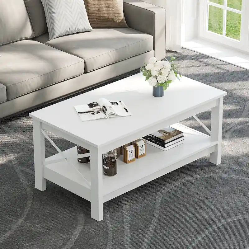 Table basse de ferme avec rangement, table d'appoint à 2 niveaux pour le salon