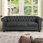 Canapé Chesterfield en lin avec capitonnage à boutons, clous décoratifs et pieds en bois massif pour salon
