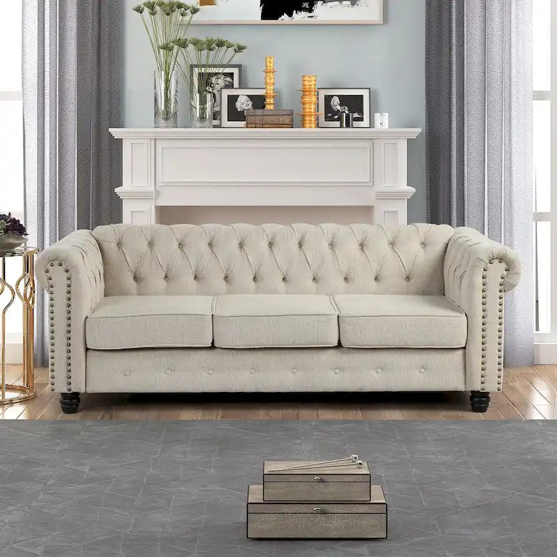 Canapé Chesterfield en lin avec capitonnage à boutons, clous décoratifs et pieds en bois massif pour salon