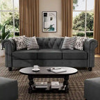 Canapé Chesterfield en lin avec capitonnage à boutons, clous décoratifs et pieds en bois massif pour salon