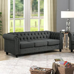 Canapé Chesterfield en lin avec capitonnage à boutons, clous décoratifs et pieds en bois massif pour salon