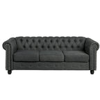 Canapé Chesterfield en lin avec capitonnage à boutons, clous décoratifs et pieds en bois massif pour salon