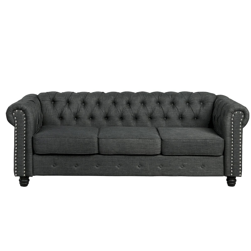 Canapé Chesterfield en lin avec capitonnage à boutons, clous décoratifs et pieds en bois massif pour salon