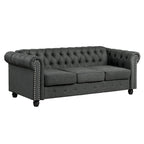 Canapé Chesterfield en lin avec capitonnage à boutons, clous décoratifs et pieds en bois massif pour salon