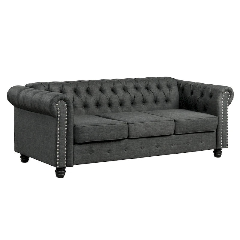 Canapé Chesterfield en lin avec capitonnage à boutons, clous décoratifs et pieds en bois massif pour salon