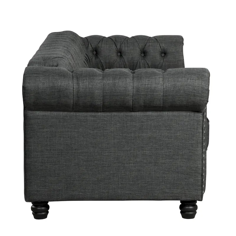 Canapé Chesterfield en lin avec capitonnage à boutons, clous décoratifs et pieds en bois massif pour salon
