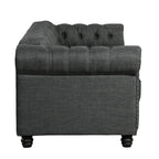 Canapé Chesterfield en lin avec capitonnage à boutons, clous décoratifs et pieds en bois massif pour salon