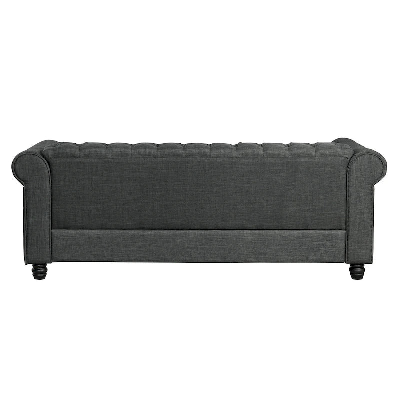 Canapé Chesterfield en lin avec capitonnage à boutons, clous décoratifs et pieds en bois massif pour salon