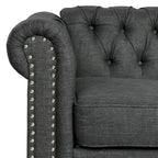 Canapé Chesterfield en lin avec capitonnage à boutons, clous décoratifs et pieds en bois massif pour salon