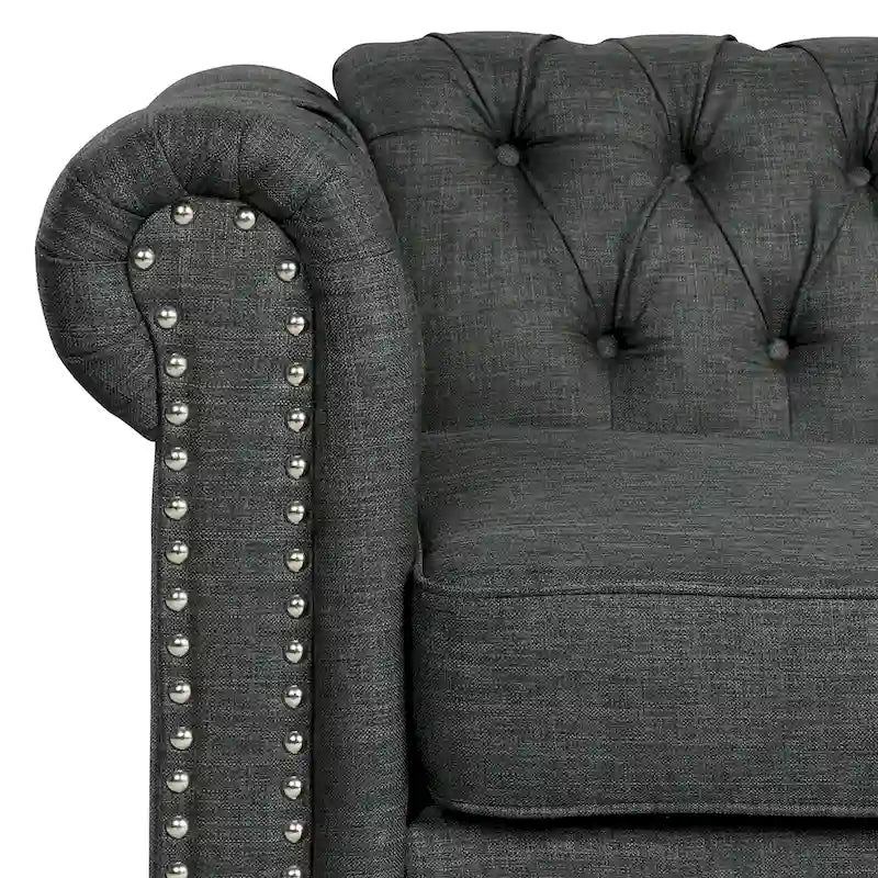 Canapé Chesterfield en lin avec capitonnage à boutons, clous décoratifs et pieds en bois massif pour salon