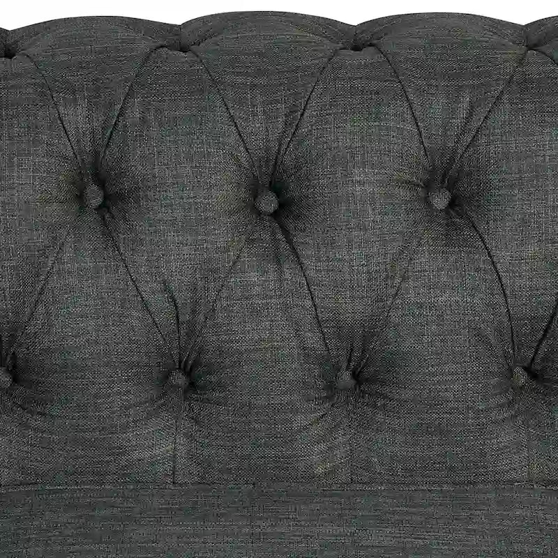 Canapé Chesterfield en lin avec capitonnage à boutons, clous décoratifs et pieds en bois massif pour salon