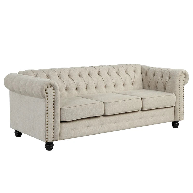 Canapé Chesterfield en lin avec capitonnage à boutons, clous décoratifs et pieds en bois massif pour salon
