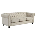 Canapé Chesterfield en lin avec capitonnage à boutons, clous décoratifs et pieds en bois massif pour salon