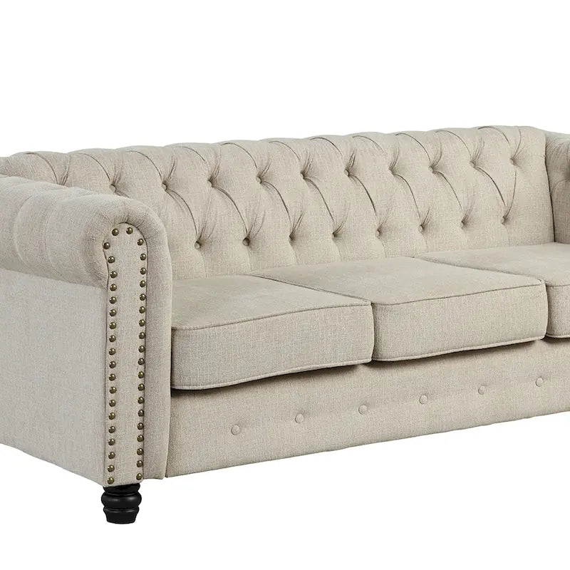 Canapé Chesterfield en lin avec capitonnage à boutons, clous décoratifs et pieds en bois massif pour salon