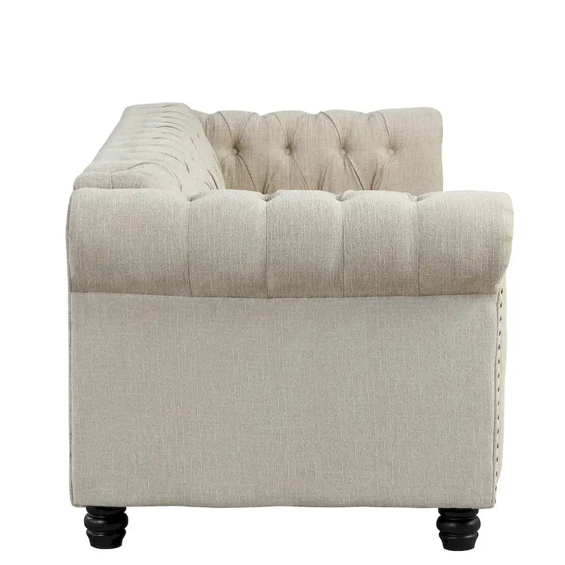 Canapé Chesterfield en lin avec capitonnage à boutons, clous décoratifs et pieds en bois massif pour salon