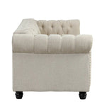 Canapé Chesterfield en lin avec capitonnage à boutons, clous décoratifs et pieds en bois massif pour salon
