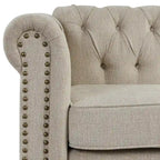 Canapé Chesterfield en lin avec capitonnage à boutons, clous décoratifs et pieds en bois massif pour salon