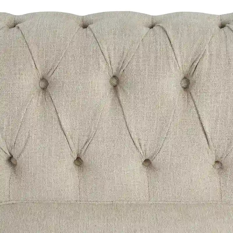 Canapé Chesterfield en lin avec capitonnage à boutons, clous décoratifs et pieds en bois massif pour salon