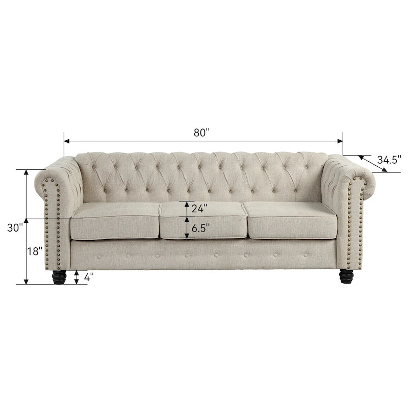 Canapé Chesterfield en lin avec capitonnage à boutons, clous décoratifs et pieds en bois massif pour salon