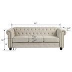 Canapé Chesterfield en lin avec capitonnage à boutons, clous décoratifs et pieds en bois massif pour salon