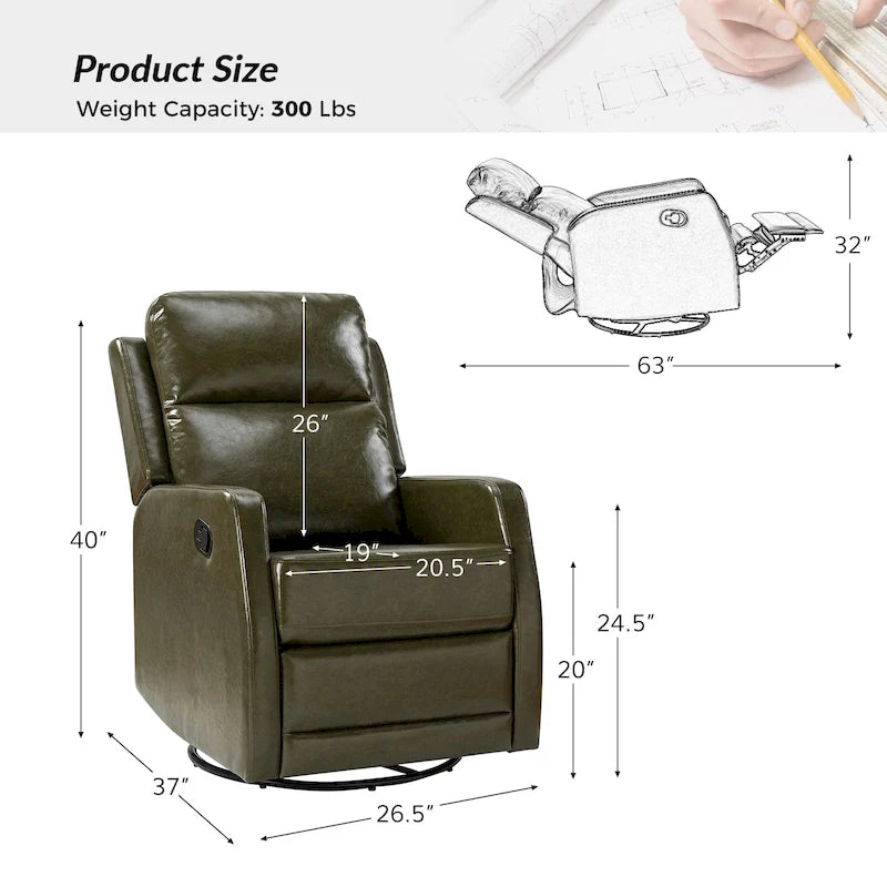 Fauteuil inclinable, pivotant et à bascule manuel Esteban moderne en similicuir avec dossier à oreilles