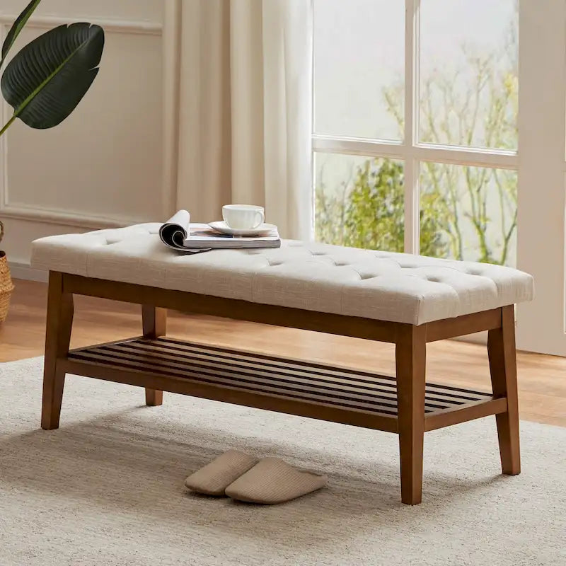 Banc à chaussures d'entrée, Banc de rangement en tissu et bois massif, Banc rembourré de 109 cm pour salon, chambres