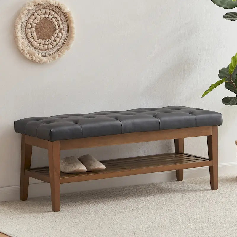 Banc à chaussures d'entrée, Banc de rangement en tissu et bois massif, Banc rembourré de 109 cm pour salon, chambres